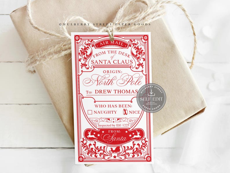 Santa Claus Gift Tag Printable Digital Download Editable Christmas Tag ...