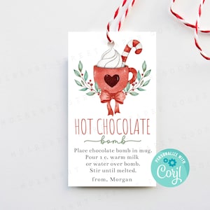 Druckbare Weihnachtsschokolade Bombe Geschenkanhänger, Urlaub Heiße Kakaobombe Leckerli Tag, Weihnachten Heiße Schokoladenbombe Etikett, Personalisieren mit Corjl