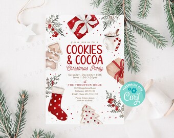 Editable Christmas Party Invitation, Festive Cocoa and Cookies Holiday Part Invite, Red Cookie Exchange Party, All Text Editable in Corjl