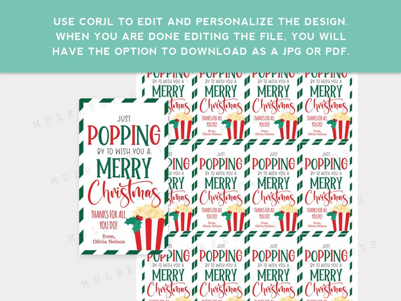 Editable Christmas Popcorn Gift Tag Printable Just Popping by to Wish ...