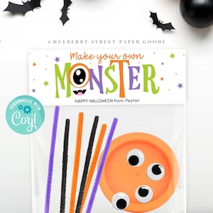 May include: A clear plastic bag filled with craft supplies for making a monster. The bag includes pipe cleaners in purple, black, and orange, a large orange button with googly eyes, and a tag that reads "Make your own MONSTER. Happy Halloween from, Peyton."
