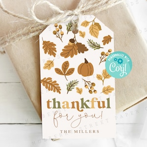 Printable Thankful For You Gift Tag, Happy Thanksgiving Printable Tag, Autumn Leaves Editable Gift Tag, Edit with Corjl
