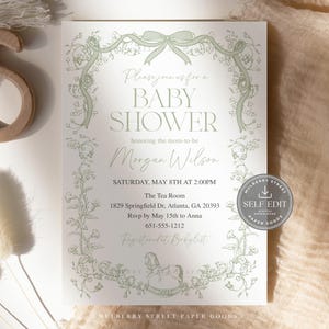 May include: Baby shower invitation with a floral design in light green. The invitation includes the text "Baby Shower" and details for the event, including the date, time, and location in Atlanta, GA. The invitation also has a bow and floral border.