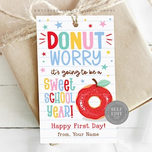 Donut Back To School Gift Tag Printable First Day Of School Sweet Treat Tag Canva Template Digital Download Donut Teacher Staff Gift PTO