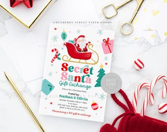 Pode incluir: Um cartão de convite branco com uma bengala de doces vermelha e branca, um Papai Noel vermelho e branco em um trenó e uma árvore de Natal verde. O texto no cartão diz "Secret Santa Gift Exchange" e inclui detalhes sobre o evento, como a data, a hora e o local. O cartão também inclui o texto "Por favor, traga um presente de 20 € para trocar".