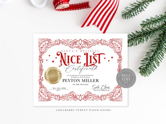 Santa's Official Nice List Certificate Canva Template Editable Nice List Letter From Santa Christmas Printable Personalized Nice List Corjl