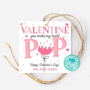 印刷可能なケーキポップバレンタインデーギフトタグキッズ教室You Make My Heart PopバレンタインカードタグCorjlで編集可能インスタントダウンロード