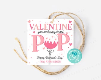 Printable Cake Pop Valentine's Day Gift Tag Kids Classroom You Make My Heart Pop Valentine Card Tag Editable with Corjl Instant Download