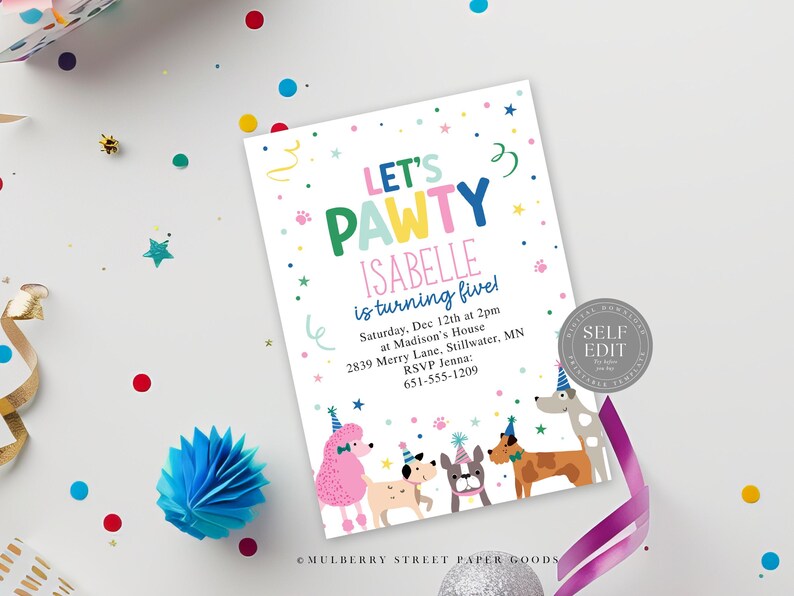 May include: A white invitation card with the text "LET'S PAWTY" in colorful letters, featuring dog illustrations and party decorations. The card announces Isabelle's fifth birthday party, including date, time, and location.
