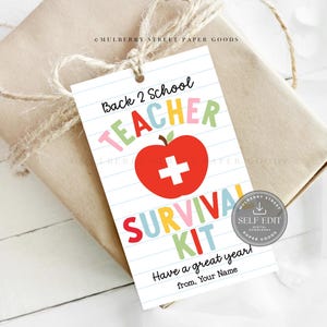 May include: A rectangular gift tag with a white background featuring blue horizontal lines resembling notebook paper. The text reads Back 2 School TEACHER SURVIVAL KIT and Have a great year! from, Your Name. A red apple with a white plus sign is centered.