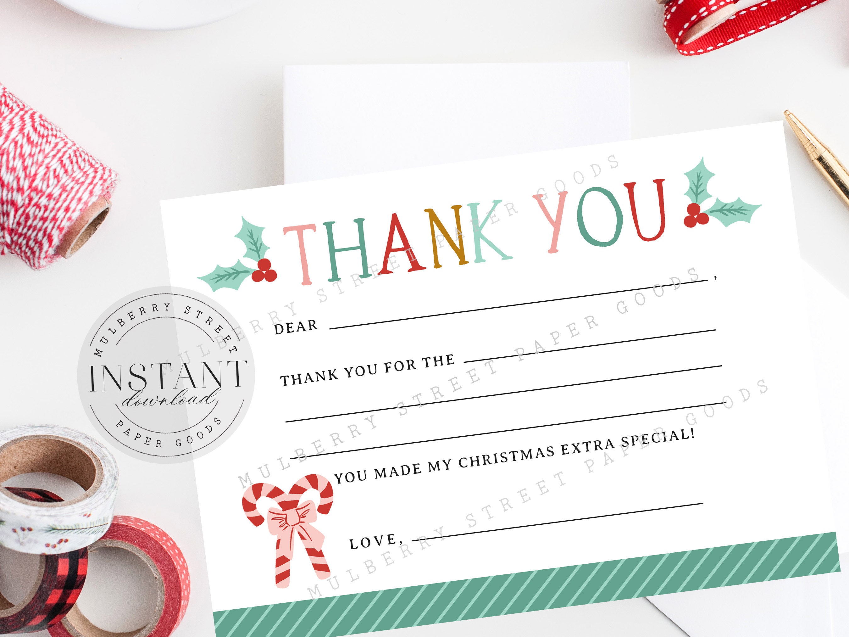 Printable Fill in Christmas Thank You Note, Instant Download 5x7 PDF ...