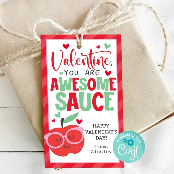 Printable You Are Awesome Sauce Valentine's Day Card Kids Classroom Apple Valentine Exchange Card Personalize with Corjl Instant Download