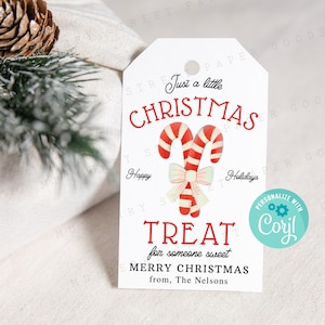 Druckbare Weihnachtsbehandelt Geschenkanhänger, Candy Cane Weihnachten Taschenanhänger, bearbeitbar mit Corjl, DIY Weihnachtsmarke druckbar, sofort Download
