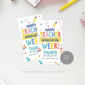 May include: Two printable cards with a colorful design featuring a ruler, pencil, paintbrush, and stars. The text on the cards reads "Happy Teacher Appreciation Week!" and "Thanks for all you do!"