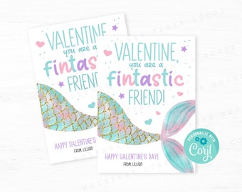 Printable You Are A Fintastic Friend Valentine's Day Card Kids Classroom Mermaid Valentine Editable with Corjl DIY Valentine's Card