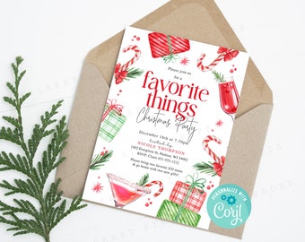 May include: A Christmas party invitation with a red and white watercolor design. The invitation says "Please join us for a favorite things Christmas party" and includes the date, time, and location of the party.