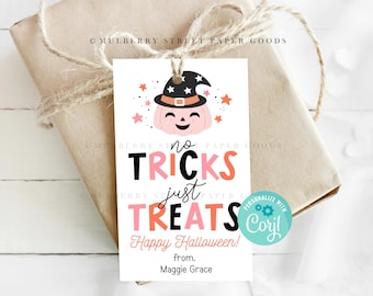 May include: A white gift tag with a pink and orange pumpkin wearing a witch hat. The text reads "No Tricks Just Treats Happy Halloween!" with the name "Maggie Grace" at the bottom.