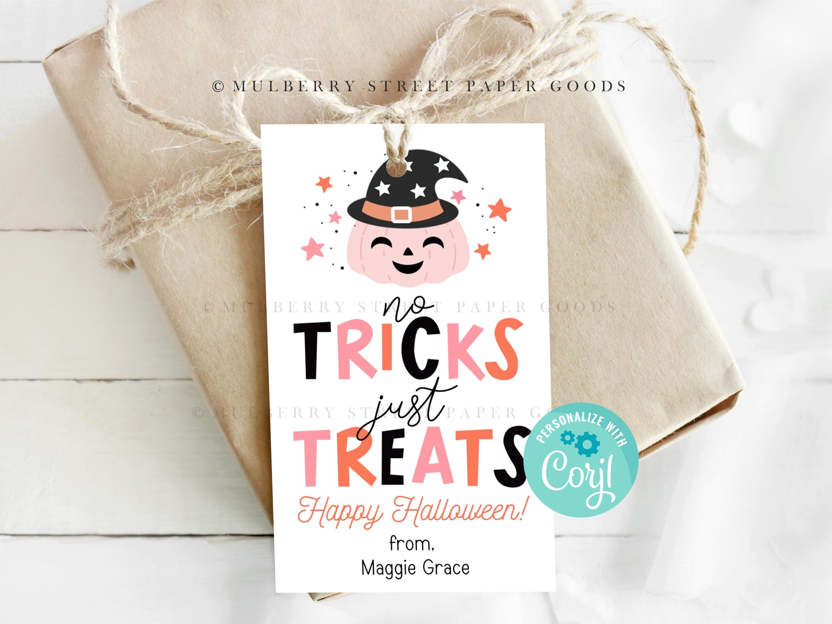 Halloween Printable Gift Tag Pink Halloween No Tricks Just Treats Cute ...