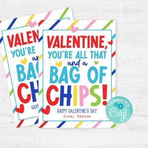 Tarjeta de San Valentín con bolsa de patatas fritas, plantilla de tarjeta de San Valentín con patatas fritas, etiqueta de regalo de San Valentín, recuerdo de fiesta de San Valentín para el aula de los niños