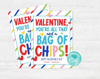 Bag of Chips Valentine Card Printable Potato Chips Valentine's Day Card Template Valentine Gift Tag Kids Classroom Valentine Party Favor