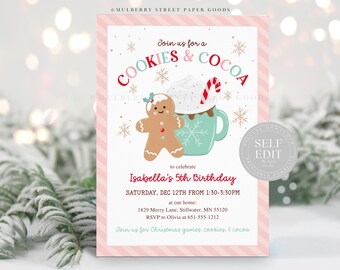 May include: A pink and white printable invitation with a gingerbread man and a cup of hot cocoa. The invitation says "Join us for a Cookies & Cocoa to celebrate Isabella's 5th Birthday".