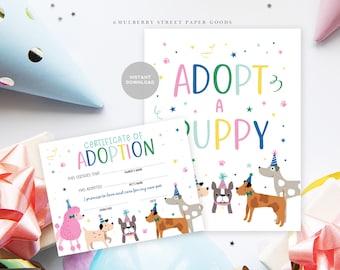 Certificado de adopción de cachorro con descarga instantánea. Letrero imprimible para fiesta de cumpleaños de cachorro. Certificado de adopción de cachorro con descarga instantánea. Fiesta de cumpleaños de perro.