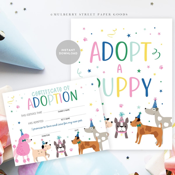 Instant Download Adopt A Puppy Certificate Printable Puppy Birthday Party Sign Printable Puppy Adoption Certificate Dog Birthday Party