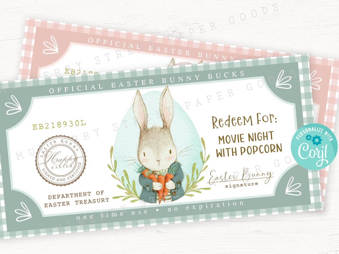 Printable Easter Bunny Bucks Easter Bunny Dollar Bill Personalize With ...