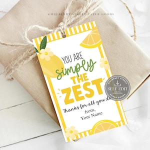 Può includere: Un'etichetta regalo a tema limone. L'etichetta riporta il testo "YOU ARE simply THE ZEST" in giallo e verde. L'etichetta è attaccata a un pacco avvolto con spago.