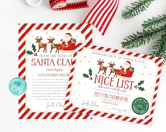 Pode incluir: Uma carta e um certificado do Pai Natal com bordas de listras diagonais vermelhas e brancas. Ambos os documentos exibem ilustrações do Pai Natal num trenó puxado por renas, ramos de azevinho e estrelas douradas. O texto inclui From the Desk of Santa Claus, Nice List Official Certificate e a assinatura do Pai Natal.