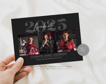 May include: A black and white graduation announcement card with a photo of a young man in a hockey uniform. The card says "Graduate 2025" and "Connor James Andersen" with the text "Connor will attend Indiana University".