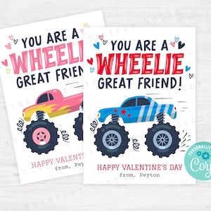 Sie sind ein Wheelie großer Freund Valentinstag Karte druckbare Kinder Klassenzimmer Valentinstag Party Gunst Geschenkanhänger Monstertruck Digital Download