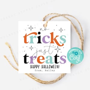 Printable Trick or Treat Gift Tag, Halloween No Tricks Just Treats Bag Tag, Halloween Favor Bag Printable Tag, Edit with Corjl