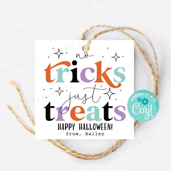 Printable Trick or Treat Gift Tag, Halloween No Tricks Just Treats Bag Tag, Halloween Favor Bag Printable Tag, Edit with Corjl