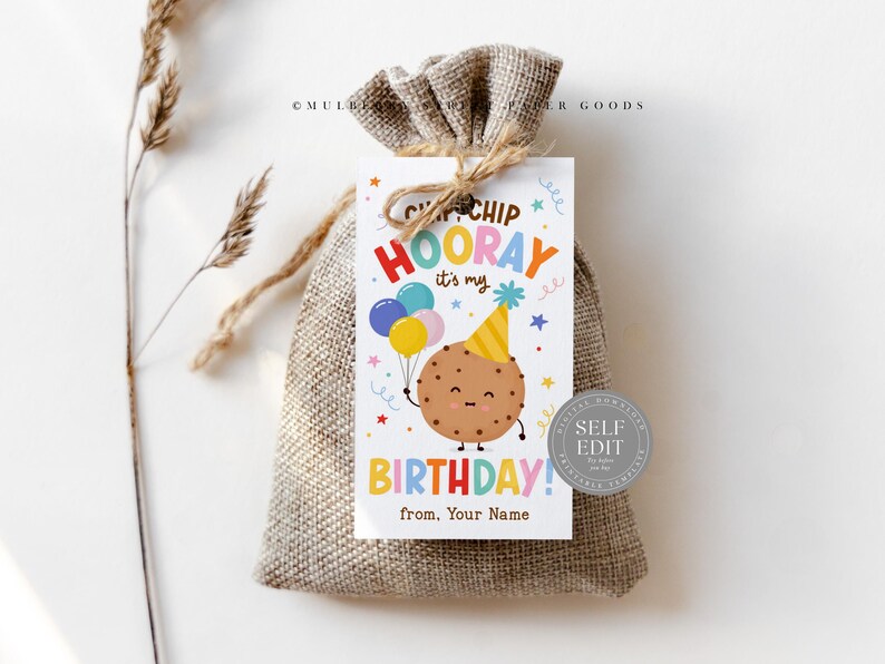 Op de afbeelding: Een kleine jute cadeauzak, vastgebonden met touw, met een verjaardagslabel. Het label leest "Chip Chip Hooray it's my Birthday!" met een cartoon koekjesfiguur met ballonnen. De tag is versierd met kleurrijke sterren en ballonnen.
