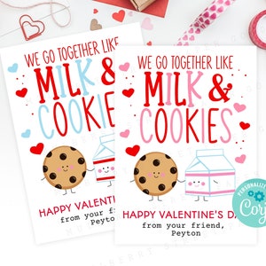 Tarjeta de San Valentín con galletas y leche para imprimir. Tarjeta de San Valentín con galletas lindas para niños para imprimir. Descarga instantánea en PDF. Tarjeta de San Valentín personalizada.