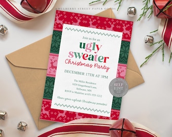 May include: An invitation for an "Ugly Sweater Christmas Party" with a red, green, and pink sweater design border. The invitation includes the date, time, and location. A brown envelope is behind the invitation, with holiday decorations in the background.