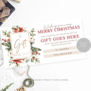 Plantilla de certificado de regalo de Navidad editable en Canva Vale de regalo de Navidad personalizado imprimible Tarjeta de regalo personalizada Regalo de empresa Corjl
