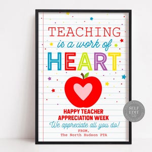 Plantilla de póster imprimible de la Semana de agradecimiento al maestro en Canva. Póster editable "Enseñar es una obra del corazón". Letrero personalizado. Descarga digital Corjl.