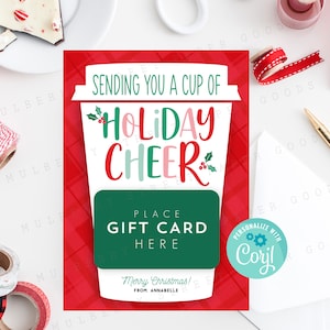 Soporte para tarjeta de regalo imprimible "Enviándote una taza de alegría", tarjeta de regalo de café navideño, regalo para maestros, compañeros de trabajo, empleados, personaliza con Corjl