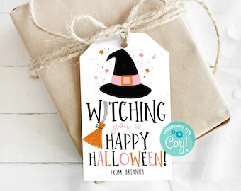 Halloween Gift Tag Printable, Happy Halloween Treat Bag Tag, Witch Party Favor Tag, Instant Digital Download