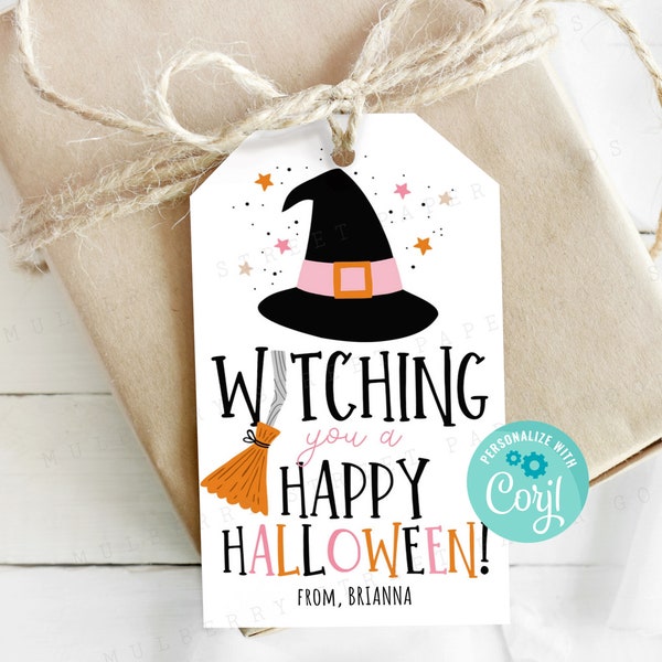 Printable Witching You a Happy Halloween Gift Tag, Happy Halloween Treat Bag Tag, Halloween Party Favor Tag, Instant Download, Editable