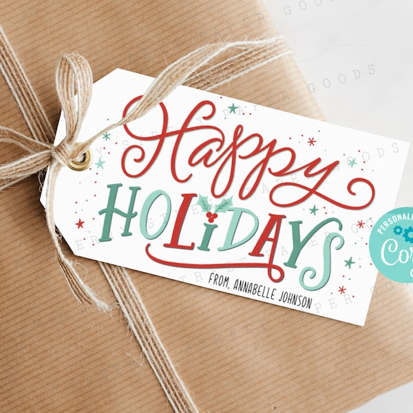 Printable Happy Holidays Gift Tag, Bright Happy Holidays Bag Tag, Personalize with Corjl, Christmas Gift Tag Printable