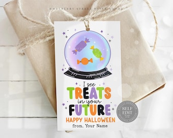 Halloween Gift Tag Printable Digital Download Crystal Ball Trick or Treat Halloween Party Favor Tag Canva Corjl Template Instant Download