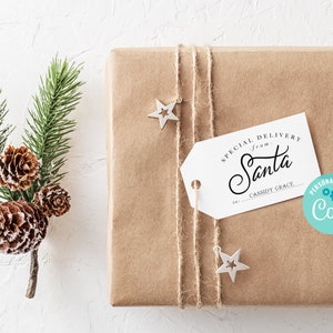 Etiqueta de regalo de Papá Noel imprimible, etiqueta de regalo de Papá Noel personalizada, etiqueta de regalo de Navidad editable con Corjl, GT122