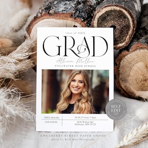 May include: A white graduation announcement with a black and white photo of a woman in a cap and gown. The announcement says "GRAD" in a large, bold font and includes the graduate's name, school, and open house details. The text reads "Class of 20XX GRAD Allison Miller Stillwater High School Open House 06.08.25 from 3-5pm 2830 Willow Rd, Stillwater, MN 55125 Mulberry Street Paper Goods photos by: Kelly Klatt Photography"
