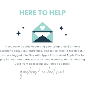 Pu&ograve; includere: Grafica digitale con la scritta "HERE TO HELP" sopra un'icona di busta. La busta &egrave; verde acqua e blu navy con un cuore bianco. Il testo sottostante offre assistenza per l'accesso ai modelli e le domande.