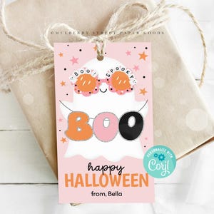 Bearbeitbarer Halloween Geschenkanhänger zum Ausdrucken Süßer trendiger Geist Pink Halloween Party Favors Boo Korb Tag Klassenzimmer Partygeschenk Sofort Download