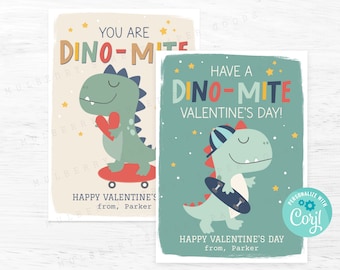 Printable Dinosaur Valentine Card, Dino Valentine's Day Card, Kids Classroom Valentine Card, Personalize with Corjl, Dino-Mite Valentine Tag