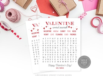 Word Search Valentine Card Printable Valentine Game Non Candy Gift Valentine&#39;s Day Party Favor Classroom Valentine Kids Activity Corjl